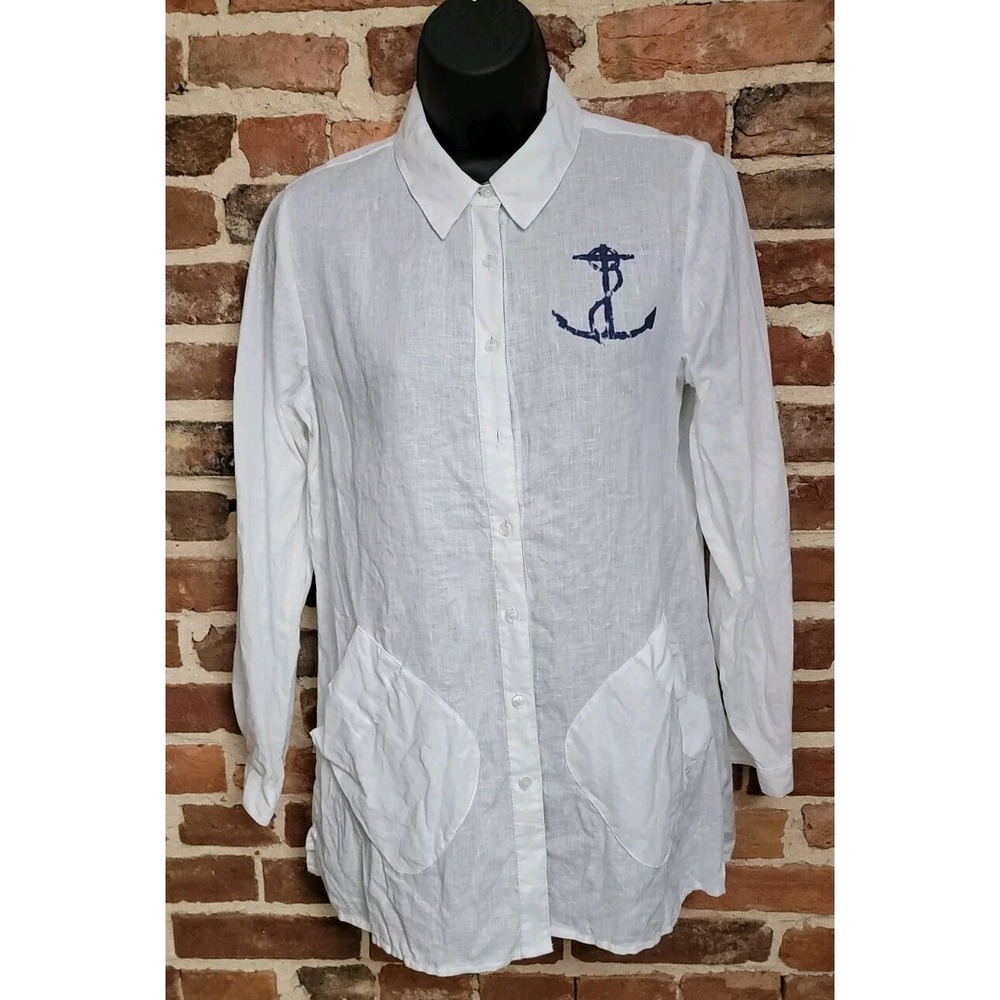 Soft Surroundings Linen Shirt Anchor Logo Sailing XS